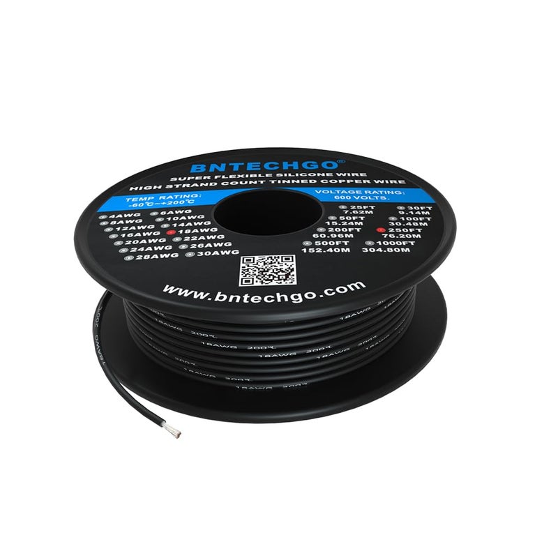 BNTECHGO 18 Gauge Silicone Wire Spool 250 ft Black Flexible 18 AWG Stranded Tinned Copper Wire - Image 1